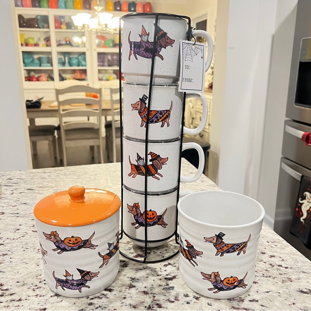 Cobwebs and Cauldrons Halloween Dachshunds and Gnomes mug set and canister